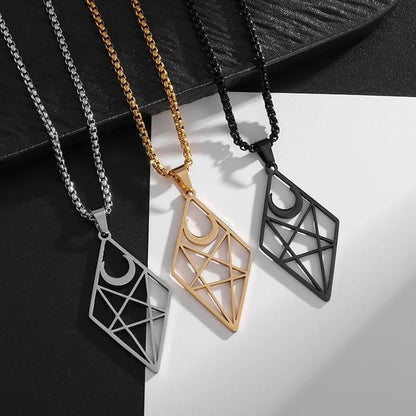 Stainless Steel Inverted Five-Pointed Star and Moon Pendant Necklace Men Women Gothic Pagan Satanic Magic Jewelry - color: black