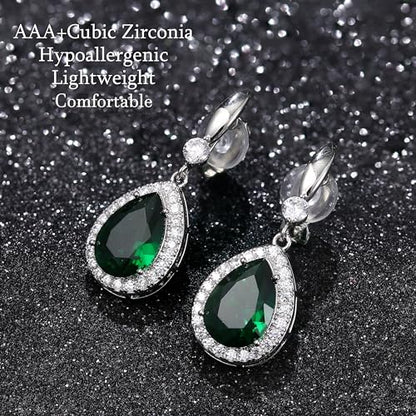 THUNARAZ Clip on Dangle Earrings for Women, Rhinestone Wedding Prom Jewelry | Clip Earrings Non-Pierced, Teardrop Dangle Earrings, Crystal Drop Earrings, Elegant Rhinestone Jewelry for Bride Bridesmaid - color: Silver Tone/Green Stone
