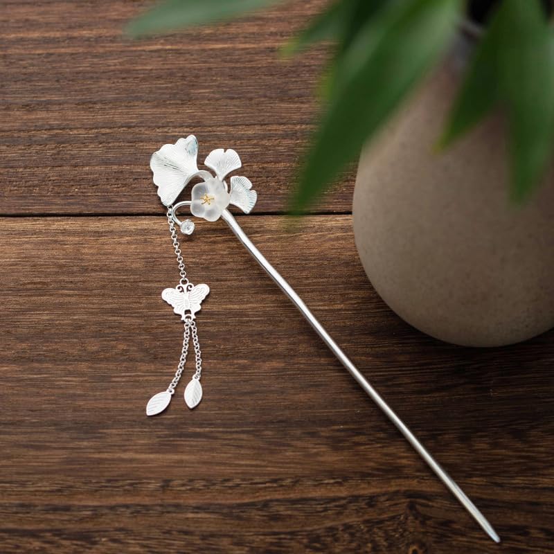 Ginkgo leaf with Jade and Butterfly Tassel S925 Silver Plated Hairpin Chinese Hanfu Style Hair Sticks Hair Clip Hair Accessories for Women(Ginkgo leaf) - color: Ginkgo leaf