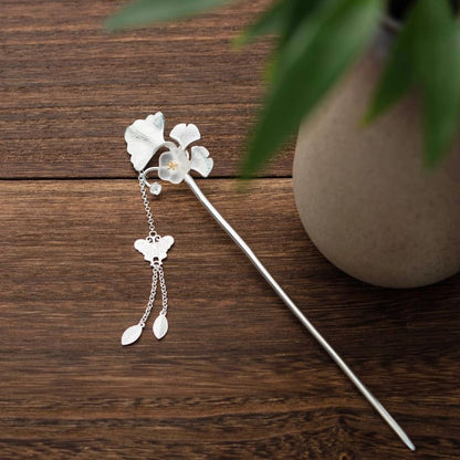 Ginkgo leaf with Jade and Butterfly Tassel S925 Silver Plated Hairpin Chinese Hanfu Style Hair Sticks Hair Clip Hair Accessories for Women(Ginkgo leaf) - color: Ginkgo leaf