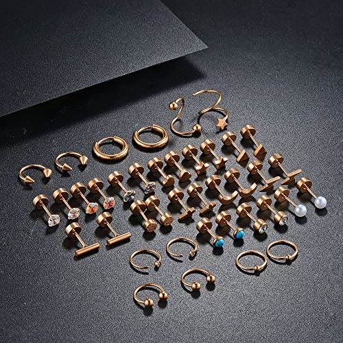 38Pcs Stainless Steel Earrings Set for Women Men 14K Gold Plated Small Flat Back Stud Earrings Hoop Earrings Women Men Hypoallergenic Cubic Zirconia Earrings Cartilage Earrings Rook Daith Tragues Lobe Conch Septum Piercing Jewelry - color: A:Gold