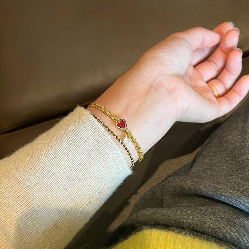 Gold Chain Hand Charm Heart Bracelet For Women Dainty Red Gemstone Charm Double Chain Bracelet Hypoallergenic Trendy Fashion Jewelry for Daily Wear