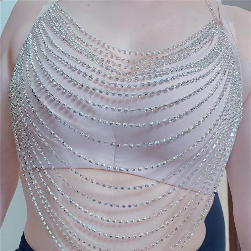 Multi-Layer Body Chain Necklace Rhinestone Chain Halter Top Body Jewelry Sexy Tassel Chest Chain Rave Nightclub Accessory - color: Silver