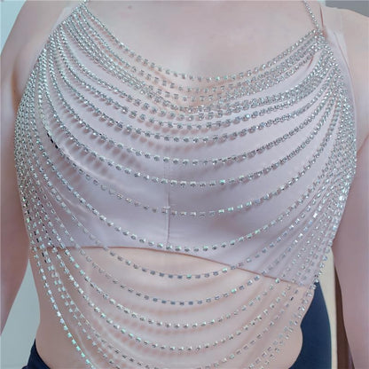 Multi-Layer Body Chain Necklace Rhinestone Chain Halter Top Body Jewelry Sexy Tassel Chest Chain Rave Nightclub Accessory - color: Silver