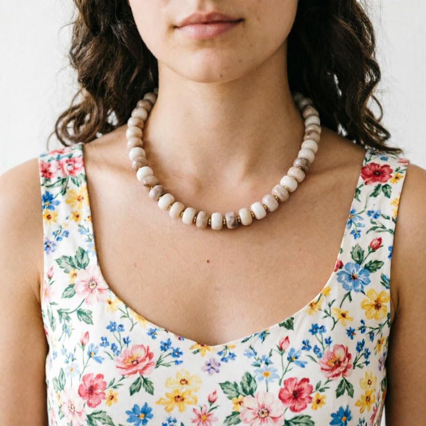 KOSMOS-LI Colorful Beaded Necklace for Women Unique Resin Beads Choker Necklaces Boho Statement Chunky Necklace Summer Vacation Jewelry - color: ivory