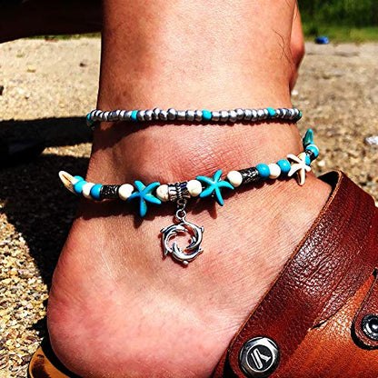 Softones Blue Starfish Turtle Anklet Multilayer Charm Beads Sea Handmade Boho Anklet Foot Jewelry for Women - style: F:2pcs Turtle Dolphin