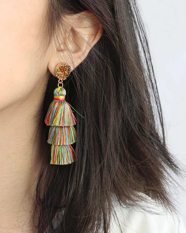 Me&Hz Colorful Layered Tassel Earrings Bohemian Statement Tiered Tassel Big Dangle Drop Earrings for Women Druzy Studs Valentine’s Day Gift - color: Colorful