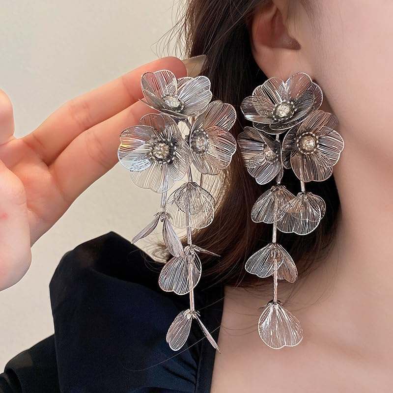 Gold Flower Dangle Earrings for Women Elegant Floral Drop Statement Jewelry Long Tassel Earrings - color: A-silver Flower Earrings