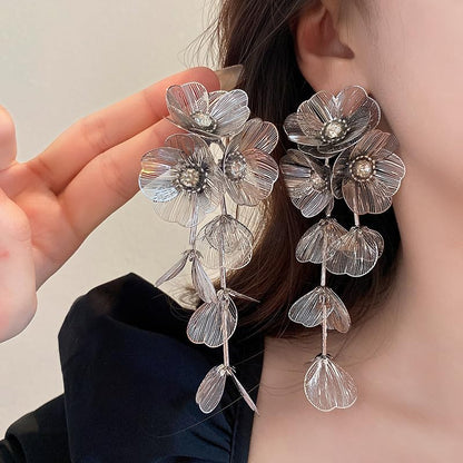 Gold Flower Dangle Earrings for Women Elegant Floral Drop Statement Jewelry Long Tassel Earrings - color: A-silver Flower Earrings