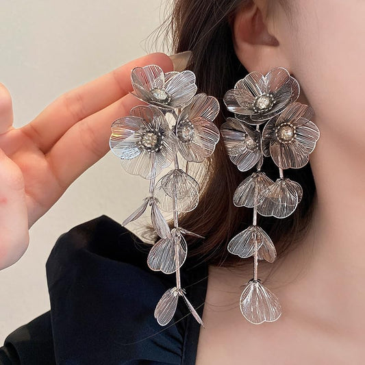 Gold Flower Dangle Earrings for Women Elegant Floral Drop Statement Jewelry Long Tassel Earrings - color: A-silver Flower Earrings