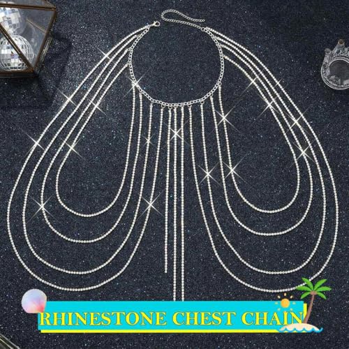 Zoestar Silver Rhinestone Body Chain Jewelry Accessories for Women | Sexy Party Layered Chest Chain Crystal Tassel Bra Chains