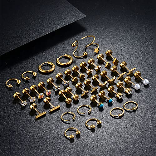 38Pcs Stainless Steel Earrings Set for Women Men 14K Gold Plated Small Flat Back Stud Earrings Hoop Earrings Women Men Hypoallergenic Cubic Zirconia Earrings Cartilage Earrings Rook Daith Tragues Lobe Conch Septum Piercing Jewelry - color: B:Silver