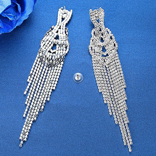 Silver Rhinestone Crystal Bridal Chandelier Long Tassels Dangle Earrings for Wedding - color: B-2