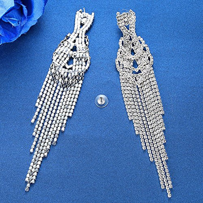 Silver Rhinestone Crystal Bridal Chandelier Long Tassels Dangle Earrings for Wedding - color: B-2