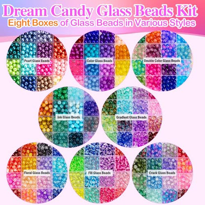 XSEINO 192 Colors 4800pcs 8mm Dream Candy Colorful Series Glass Beads Bracelet Making Kit,8 Box Different Unique Styles Crystal Bead for Making and DIY Crafts - color: 8 Boxs 8mm Round Glass Beads