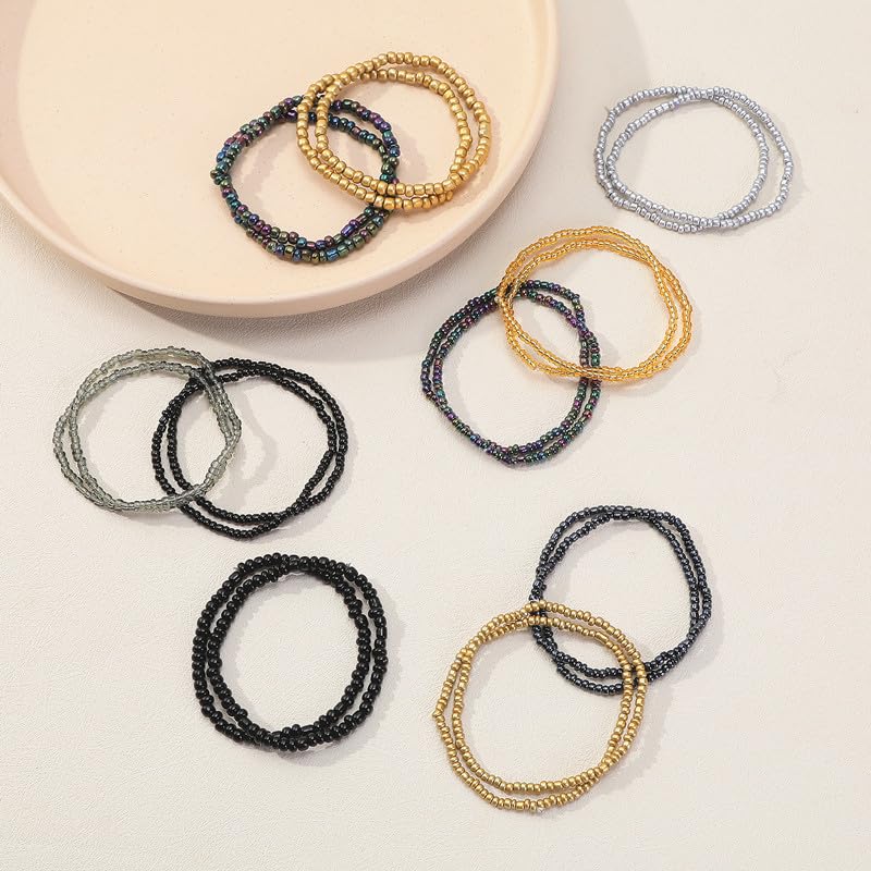 18-20PCS Colorful Bohemia Seed Beaded Bracelets Set Stackable Boho Stretch Bangle Bracelets Multilayer Boho Anket Concert Summer Beach Vaction Surf Jewelry Accessory - color: Golden Black-20pcs