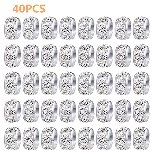 BronaGrand 40pcs 10 mm Silver European Rhinestone Spacer Beads Brass Large Hole Beads Round Rondelle Loose Charm Beads for Snake Chain Bracelet Necklace Jewelry Making Supplies, Hole: 5.5 mm - color: Silver, size: 10MM