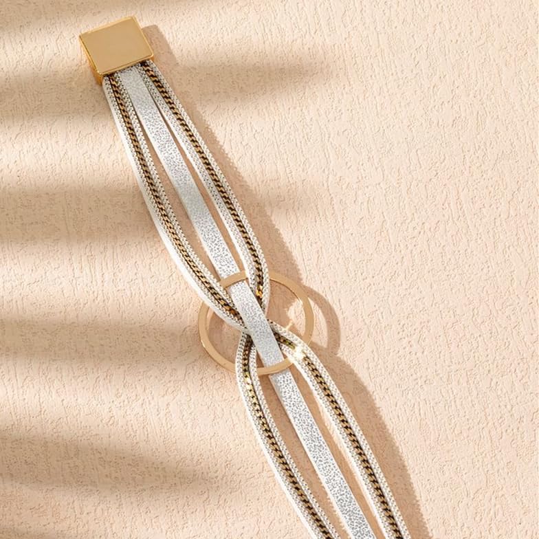 xuzhiyuan Bohemian Leather Cuff Bracelet Multi-Layer Wrap with Circle Accent Bracelet Boho Braided Bracelet Jewelry Gift for Women - color: White