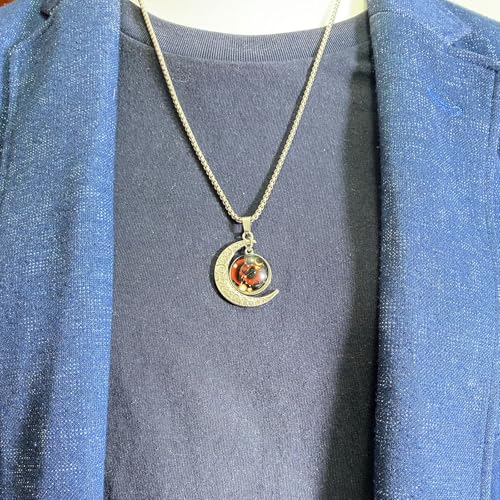 Stainless Steel Mens Necklace 12 Zodiac Moon Galaxy Pendant Necklace,22.8 Inch Stainless Steel Chain, 1.13 Inch Aries/Pisces Celestial Crescent Moon Star Sign Charm Jewelry - style: Leo（7.23-8.22）