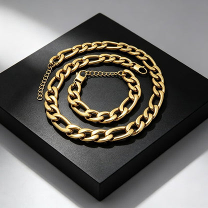 Kemstone Stainless Steel Figaro Cuban Bracelet Necklace Set for Men Women Jewelry - color: Gold 04