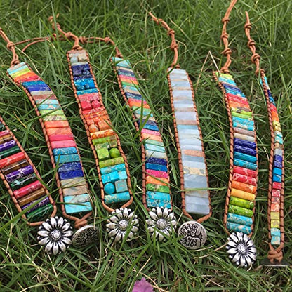 sedmart 7 Chakra Bracelets for Women with Real Stones Leather Wrap Healing Bead Bracelet Women Men Boho Friendship Jewelry - color: A9 Colorful tree button & Turquoise