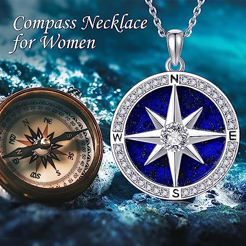 Moon/Lighthouse Necklace 925 Sterling Silver Abalone/Lapis Lazuli Lotus Flower Necklace for Women Crescent Jewelry Gift - style: Compass