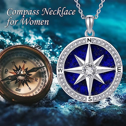 Moon/Lighthouse Necklace 925 Sterling Silver Abalone/Lapis Lazuli Lotus Flower Necklace for Women Crescent Jewelry Gift - style: Compass