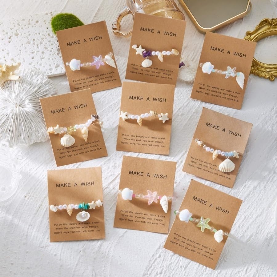 Handmade Natural Shell Starfish Beads Bracelets with a Wish Card Bohemia Sweet Seashell Conch Pearl Charm Bracelets for Women Boho Sea Themed Summer Beach Surfer Vacation Jewelry Gifts - style: StyleF