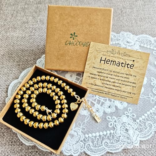 Boho Gemstone Beaded Necklace for Women – Colorful Natural Stone Choker 18K Solid Heart-Shaped Pendant, Summer Beach Jewelry - color: Hematite