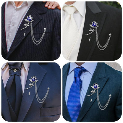 Crystal Rhinestone Flower Brooch Pin Rose Lapel Pins for Men Hanging Chain Brooch Suit Pin Mens Flower Lapel Pins for Suits - color: Blue