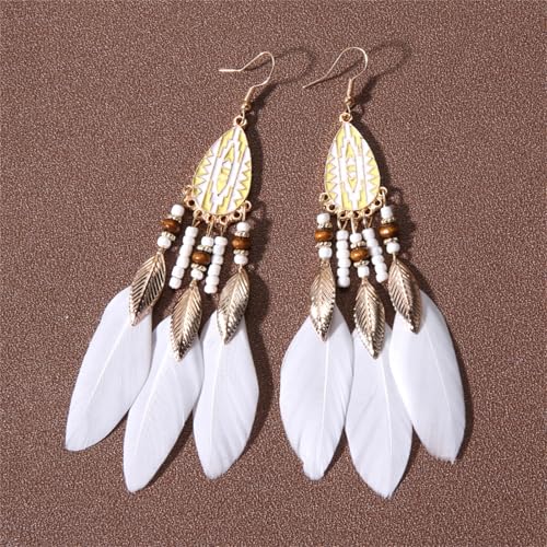 Dreuyet Boho Long Feather Drop Dangle Earrings for Women Retro Bohemian Ethnic Fringe Multicolor Tassel Feather Earring Handmade Statement Dream Catcher Earrings Jewelry - color: White Teardrop