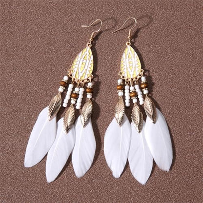 Dreuyet Boho Long Feather Drop Dangle Earrings for Women Retro Bohemian Ethnic Fringe Multicolor Tassel Feather Earring Handmade Statement Dream Catcher Earrings Jewelry - color: White Teardrop
