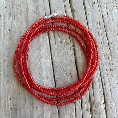Kathy Bankston Red Seed Bead Necklace, Thin 1.5mm Single Strand Beaded Necklace - color: Shiny Siam Red