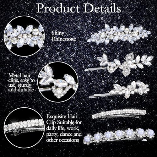 5 Pcs Hair Barrettes for Women, Rhinestone Hair Clips Silver Hairs Clips for Wedding Leaf Wedding Hairpin for Bride Women Brides Barrette Crystal Silver Flower Pearl Hairpins