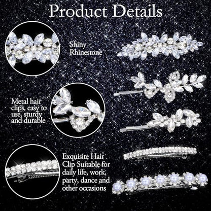 5 Pcs Hair Barrettes for Women, Rhinestone Hair Clips Silver Hairs Clips for Wedding Leaf Wedding Hairpin for Bride Women Brides Barrette Crystal Silver Flower Pearl Hairpins
