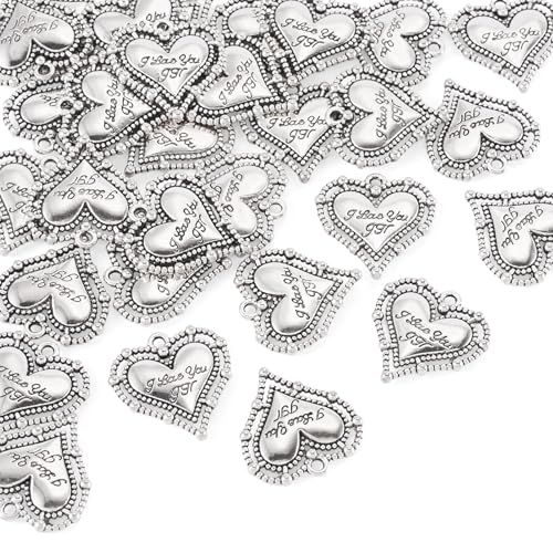 Elecrelive Crystal Heart Charms Rhinestone Heart Pendants Valentine Charms for Necklace Bracelet Earring Wedding Jewelry - color: Antique Silver, 30pcs