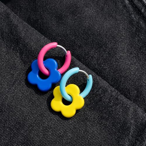 Gorgeous Acrylic Flower Hoop Earrings for Women, Vibrant Colorful Chunky Hoops, Fun Mismatched Floral Jewelry Matching Daily Spring Aesthetic Outfits Perfectly