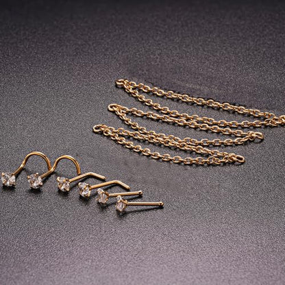 Nose Ring Chain Across Nose Black Stainless Steel Nostril Nose Piercing Chain with Cubic Zirconia Nose Screw Bone L-Shaped Ring for Women Body Piercing Nostril Jewelry with Bridge Chain - color: Gold-Double Nose Chain Studs
