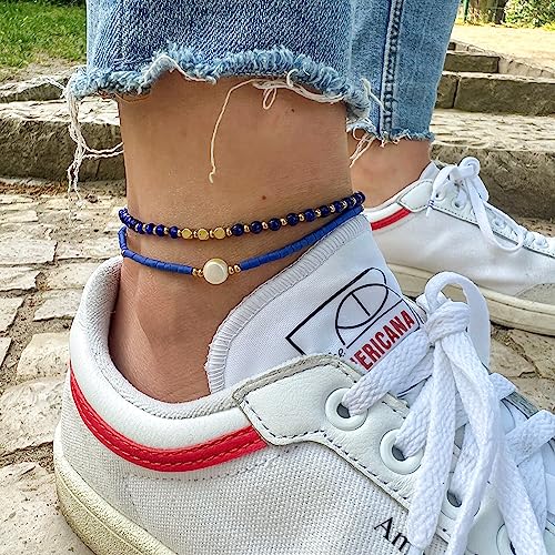 Made by Nami Boho Surfer Anklet Waterproof & Adjustable Beaded Anklets for Women Beachy Ankle Bracelet Made from Waxed Cotton Rope and Beads for Summer and Hippie Style - color: Blue Pearl