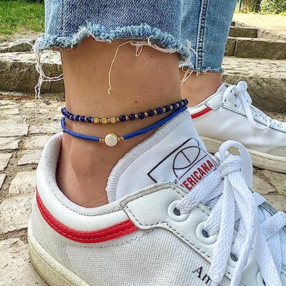 Made by Nami Boho Surfer Anklet Waterproof & Adjustable Beaded Anklets for Women Beachy Ankle Bracelet Made from Waxed Cotton Rope and Beads for Summer and Hippie Style - color: Blue Pearl