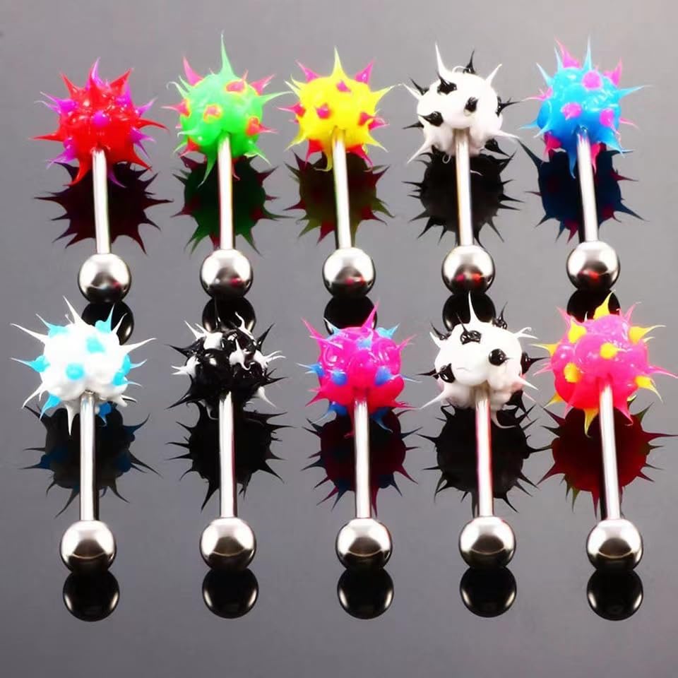 Surgical Steel Spiky Ins Colorful Fire Tongue Nipple Ear Rings Bar Barbell Stud Piercing - style: 10 pcs