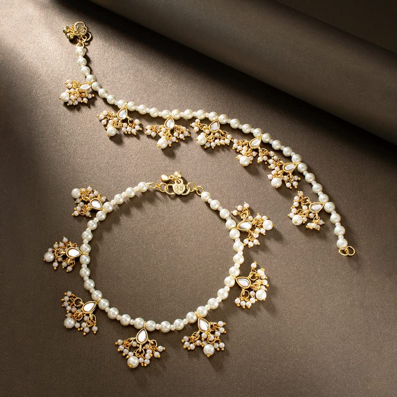 Aheli Indian Wedding Set of 2 Anklet Payal Faux Pearls Charm Ankle Bracelet Ethnic Barefoot Beach Jewelry Gift for Women White