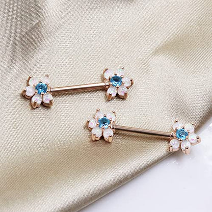 14G Opal Flower CZ Nipple Barbell Nipple Ring Piercing Jewelry for Women - color: rose gold blue