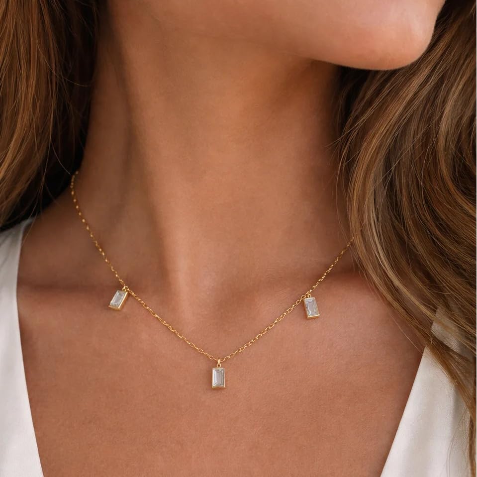 Lariat Gold Necklace for Women Dainty Long Necklaces 14k Gold Plated CZ Y Drop Chain Necklace Trendy Gold Jewelry Gifts - color: 3 Rectangular zircon-gold-233