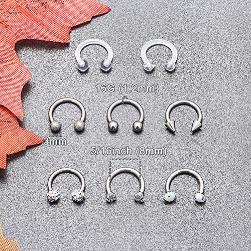16G Septum Rings Surgical Steel Lip Rings Horseshoe Nose Ring Snake Bite Jewelry Smiley Piercing Jewelry for Women Men Diameter 6mm 8mm 10mm 12mm - color: DIA.8mm,Silvertone