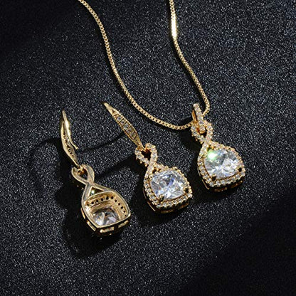 AMYJANE Crystal Jewelry Set for Women - Sterling Silver Square Cubic Zirconia CZ Bridal Pendant Necklace Earrings Set for Wedding Bride Bridesmaids Birthstone Fashion Jewelry Set - color: Gold-tone