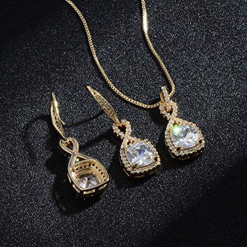 AMYJANE Crystal Jewelry Set for Women - Sterling Silver Square Cubic Zirconia CZ Bridal Pendant Necklace Earrings Set for Wedding Bride Bridesmaids Birthstone Fashion Jewelry Set - color: Gold-tone