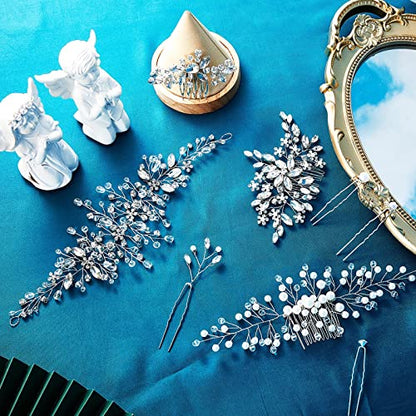 Maitys 44 Pieces Wedding Hair Accessories Faux Pearl Crystal Comb Clips U-shaped Flower Rhinestone Silver Pearl Hair Pieces for Prom Bride Bridesmaid(Elegant Style) - style: Elegant Style
