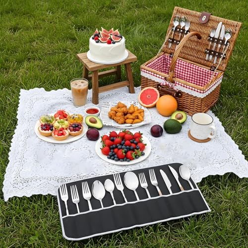 3 Pcs Silver Storage Bags Roll,Anti Tarnish Silverware Storage,with White Ribbon, 12 Slot Silver Storages, Cutlery Sleeves Bags for Kitchen Utensil Teaspoon, Stiff Fabric