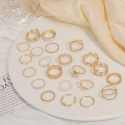 Chunky Gold Rings for Women Non Tarnish, Baroque Pearl Flower Tiger's Eye Stone Rings Adjustable Stacking Statement Rings Set Fashion Jewelry Gifts - style: Enamel/flower/small pearl